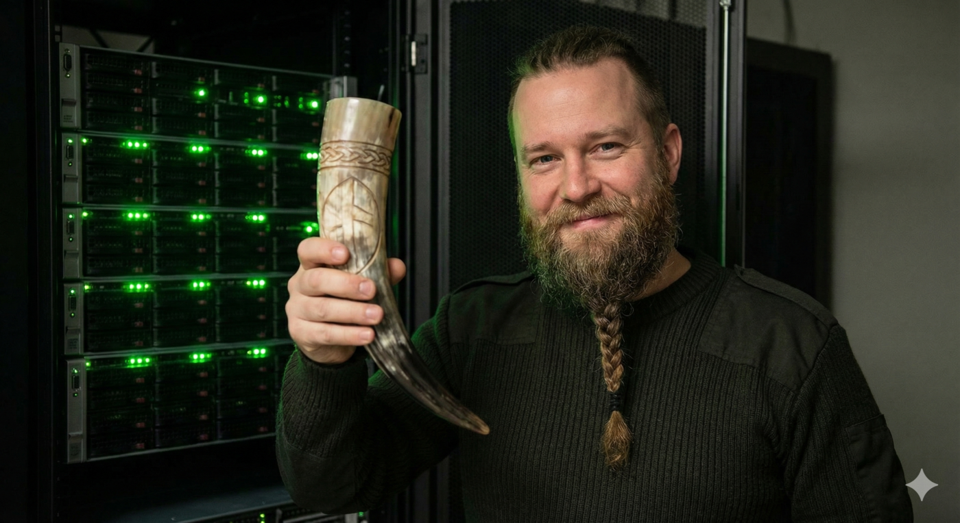 Eric the Grey toasting to Weekend Downtime Prevention while a secure server rack glows green in the background.