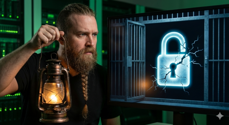 Eric the Grey analyzing Insider Threat Detection logs on a secure monitor to protect Southern California businesses.