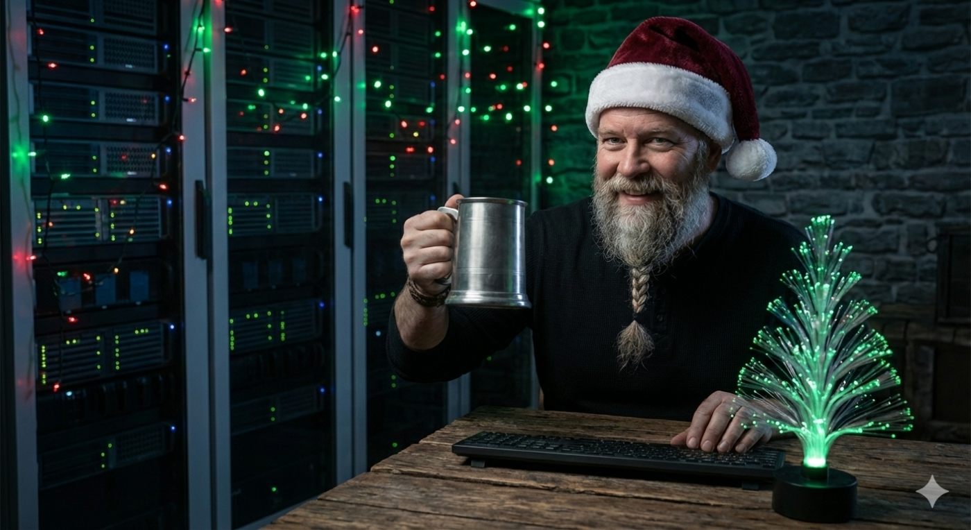 Eric the Grey celebrating Holiday Cybersecurity with a Christmas toast in a secure server room.